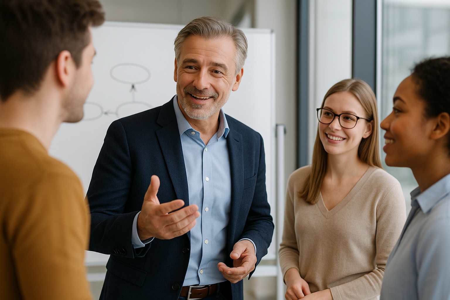 Führungskraft spricht freundlich mit Teammitgliedern in hellem Büro
