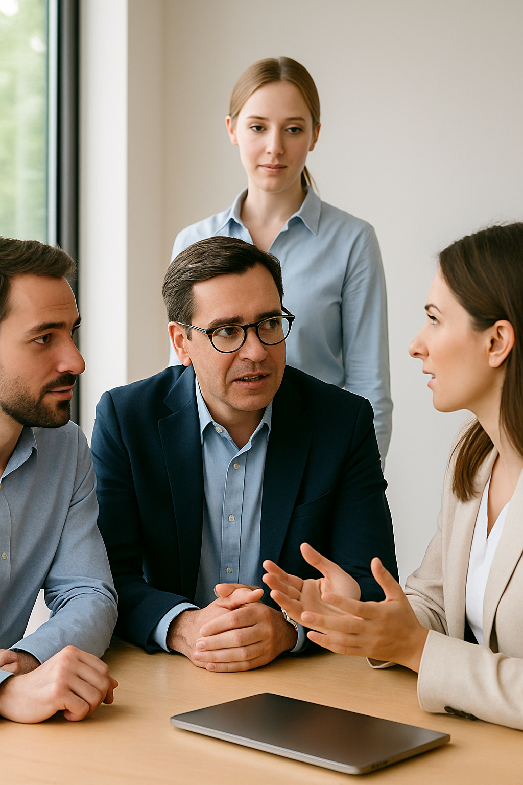 Vier Personen im Gespräch – symbolisiert modernes Führungsverständnis