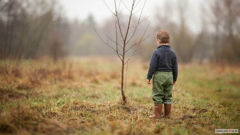Kleiner Junge in Regenhose und Gummistiefeln steht vor einem jungen Baum auf einer nassen Wiese