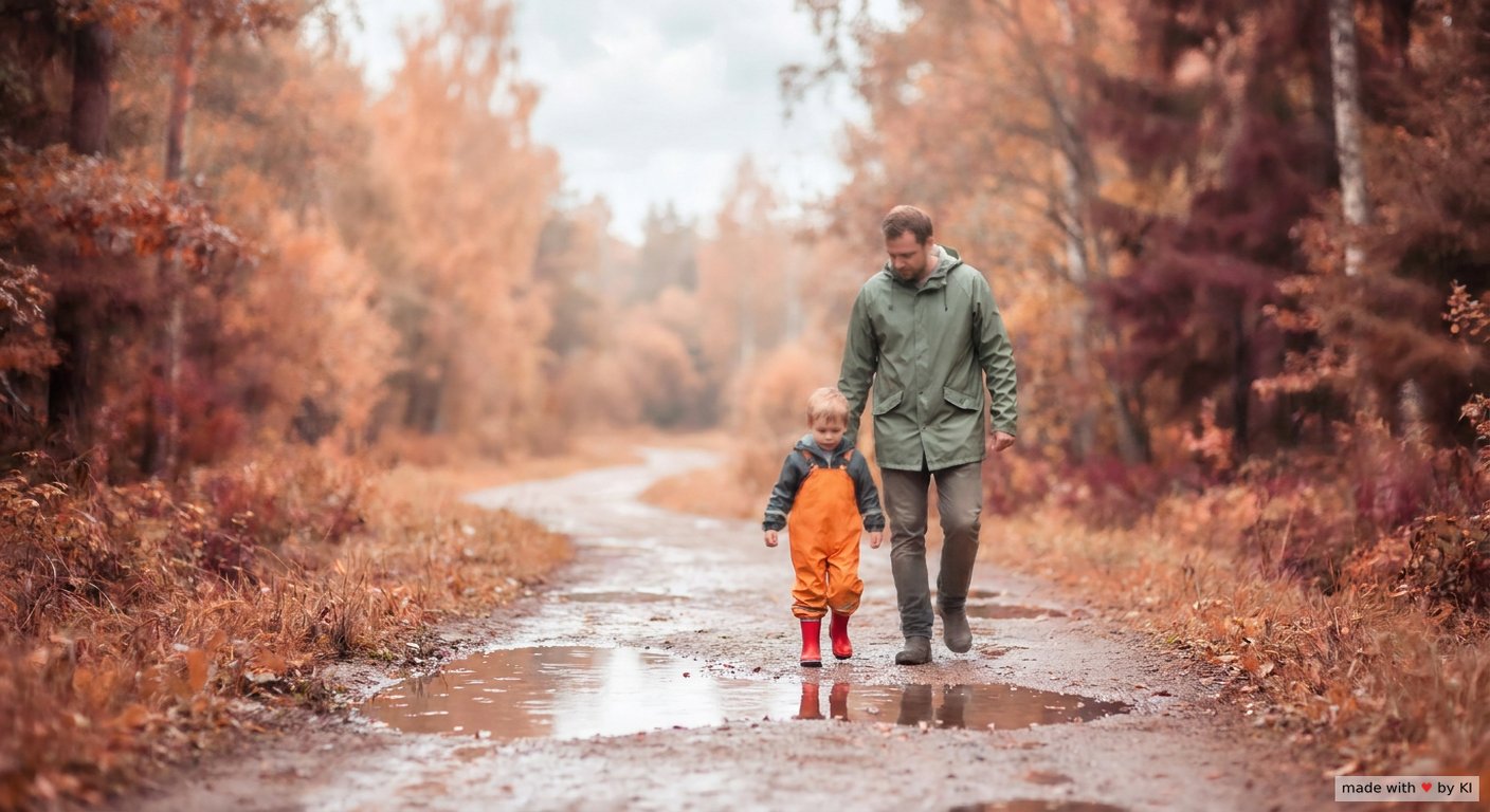Vater und kleiner Junge in Regenkleidung gehen nebeneinander über einen nassen Waldweg, der Vater passt seine Schrittlänge an
