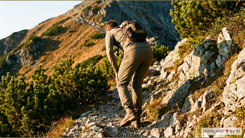 Wanderer mit Rucksack auf einem steilen Bergpfad, Aktiv-Wach-Hypnose in Bewegung