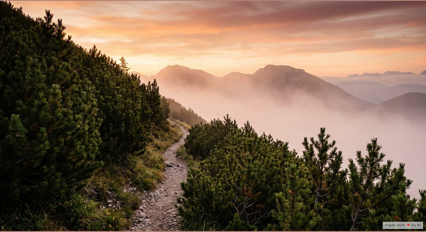 Bergpfad im Morgenlicht als Bild für Aktiv-Wach-Hypnose, Trance in Bewegung