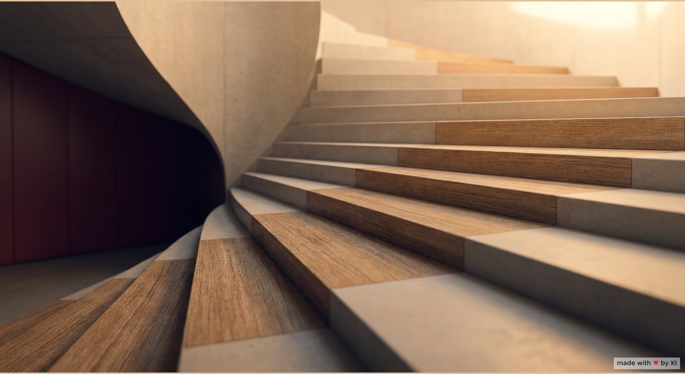 Geschwungene Treppe mit flachen breiten Stufen aus hellem Beton und warmem Holz, links ein dunkelroter Schattenbereich, rechts oben warmes Licht