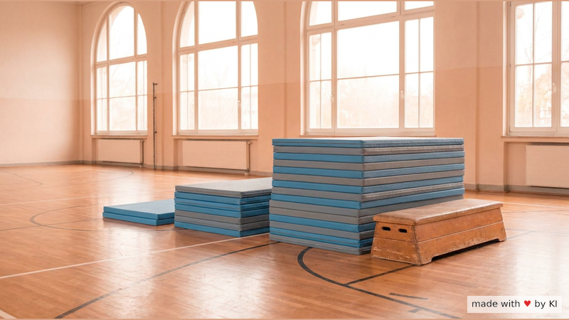 Drei Turnmatten-Stapel in aufsteigender Höhe neben einem Holzkasten in einer Turnhalle