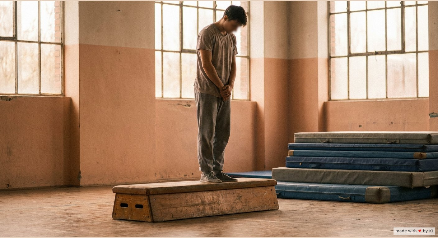 Person steht auf einem niedrigen Holzkasten in einer Turnhalle und blickt zögernd nach unten