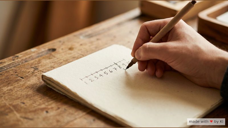 Hand markiert mit einem Stift einen Wert auf einer von Hand gezeichneten Skala von eins bis zehn in einem Notizbuch