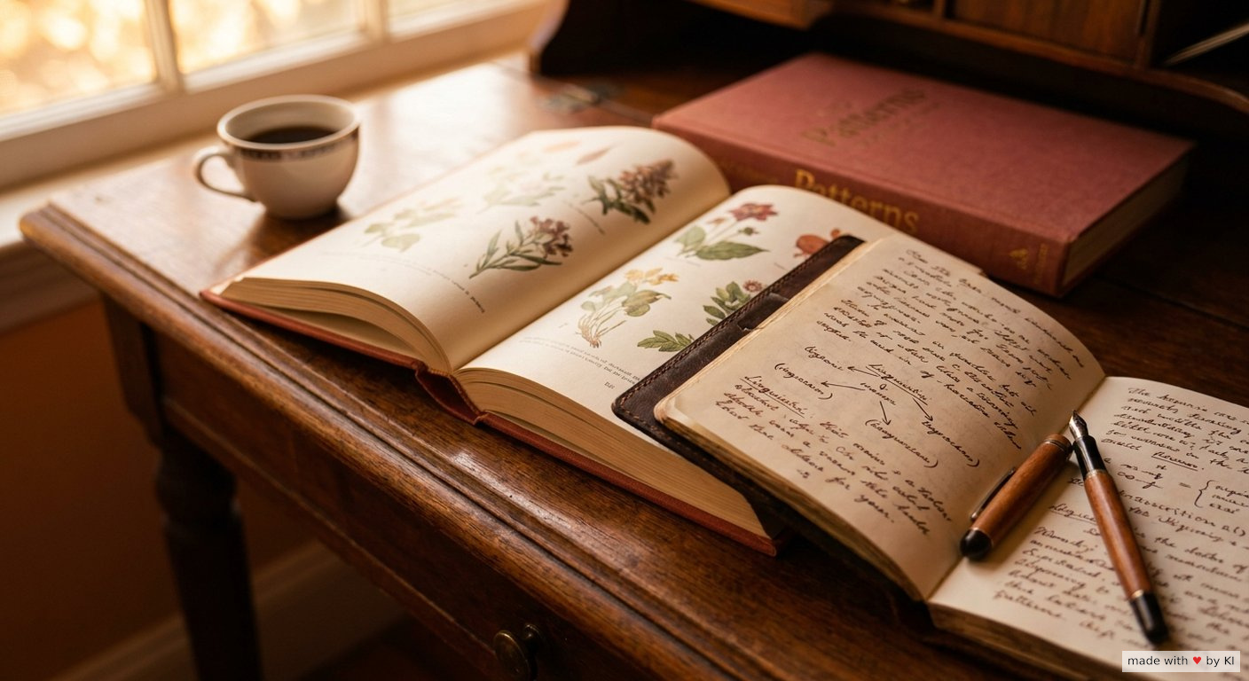 Aufgeschlagenes Patterns-Buch mit handschriftlichen Notizen auf einem Schreibtisch