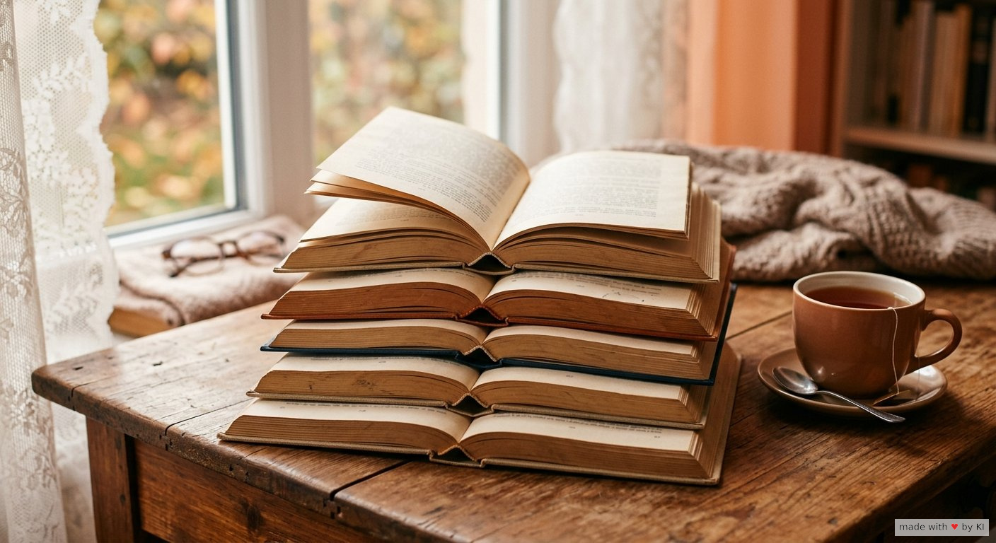 Warme Buchsammlung auf einem Schreibtisch mit Tee und Lampe - meine Hypnose-Buchempfehlungen