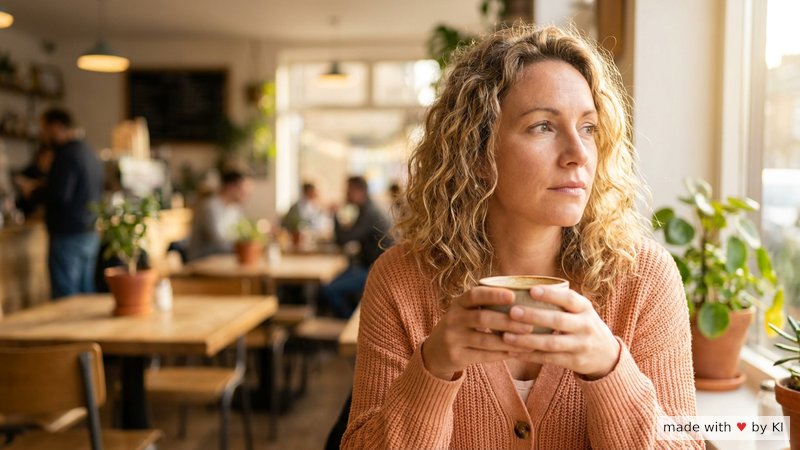 Eine Frau hält beim Kaffeetrinken kurz inne und blickt nachdenklich zur Seite
