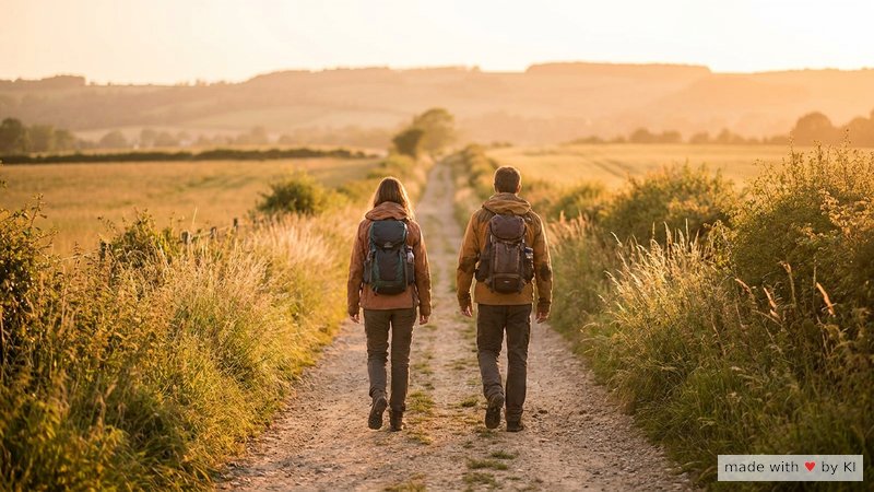Zwei Wanderer gehen im Gleichschritt nebeneinander über einen sonnigen Feldweg