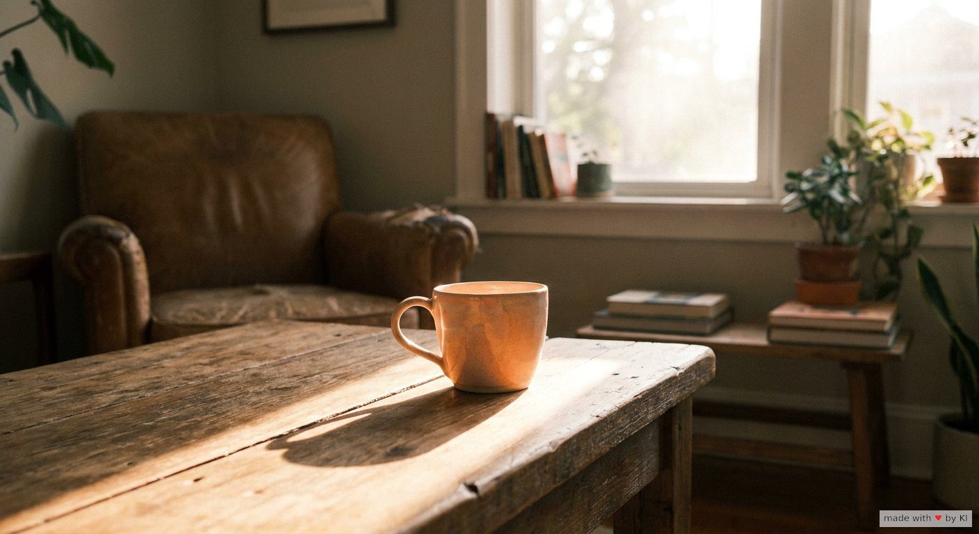 Ein warmer Lichtstrahl fällt durch ein Fenster und hebt eine einzelne Tasse auf einem Holztisch hervor, während der Rest des Tisches im Schatten liegt