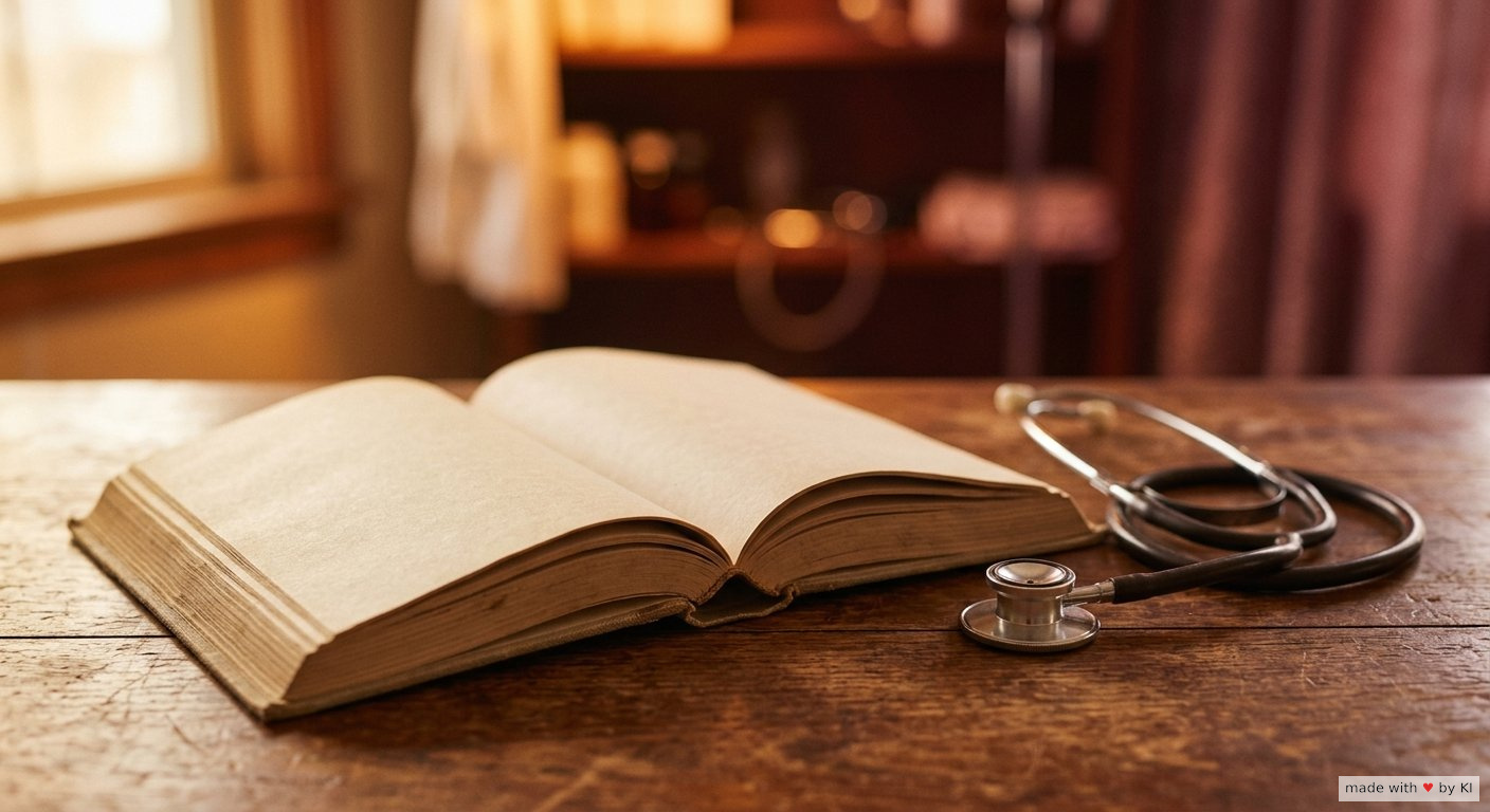 Aufgeschlagenes Fachbuch neben einem Stethoskop auf einem warmen Holztisch