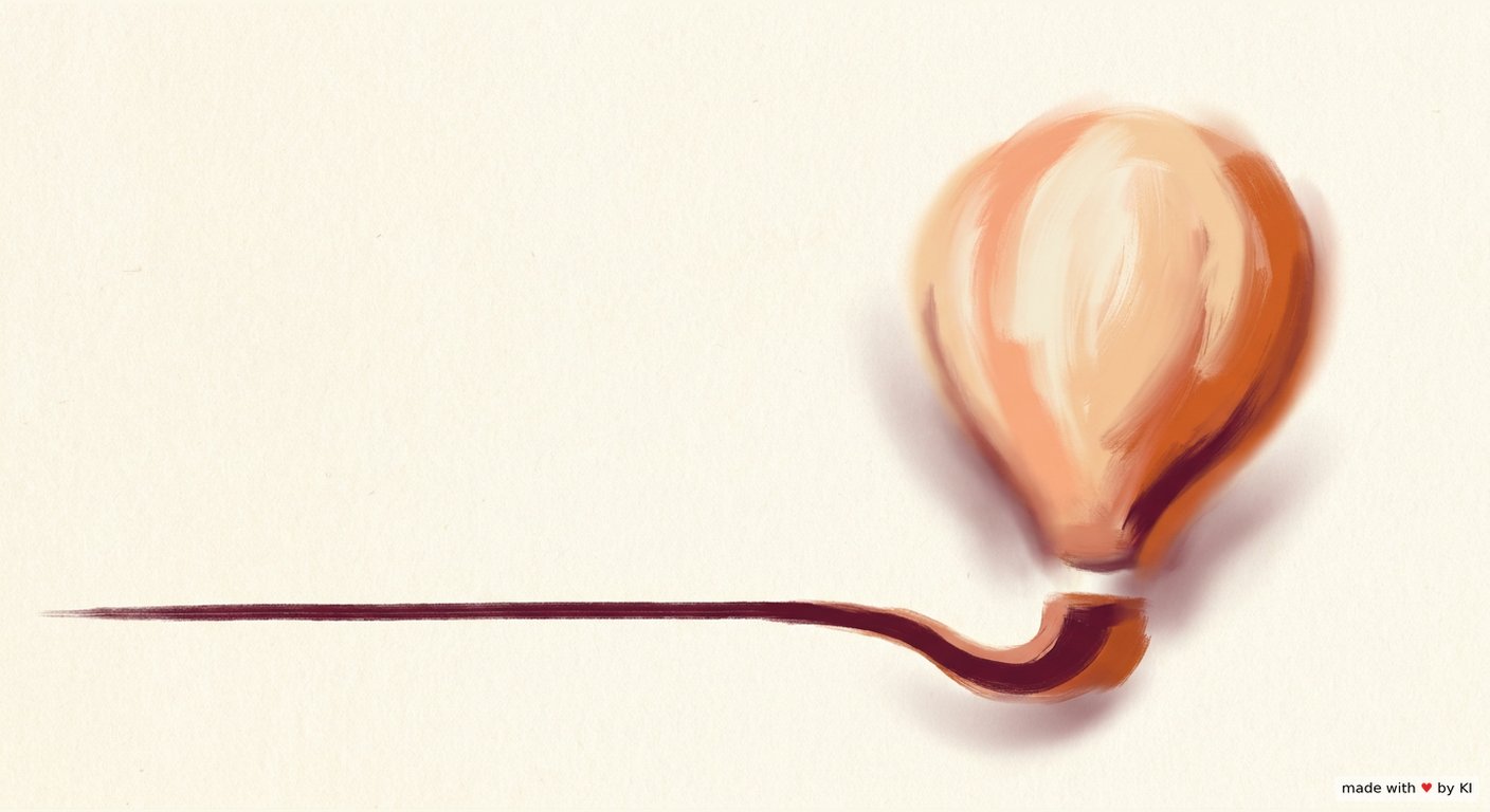 Gemalte Illustration in Burgund und Orange: eine flache dunkelrote Linie geht nach rechts in eine runde, plastische Ballonform über