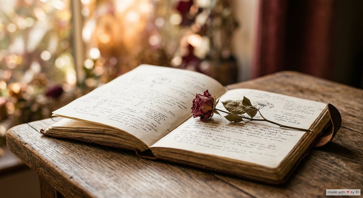 Aufgeschlagenes Buch mit Notizen über Metaphern auf einem warmen Holztisch