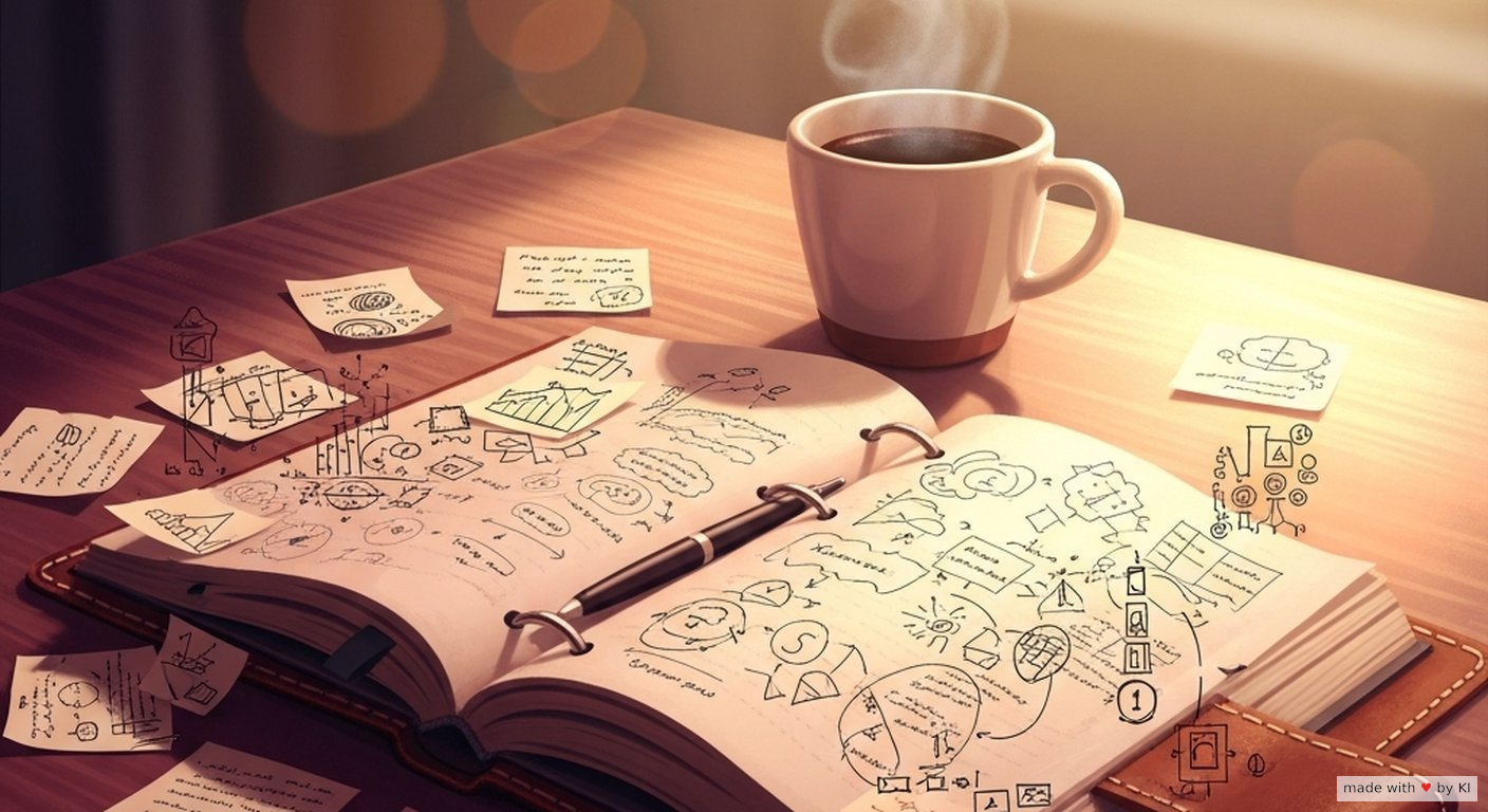 Notizbuch und Kaffeetasse auf einem warm beleuchteten Holztisch, daneben offene Seiten mit handgeschriebenen Stichworten als Sinnbild für gesammelte Coaching-Geschichten