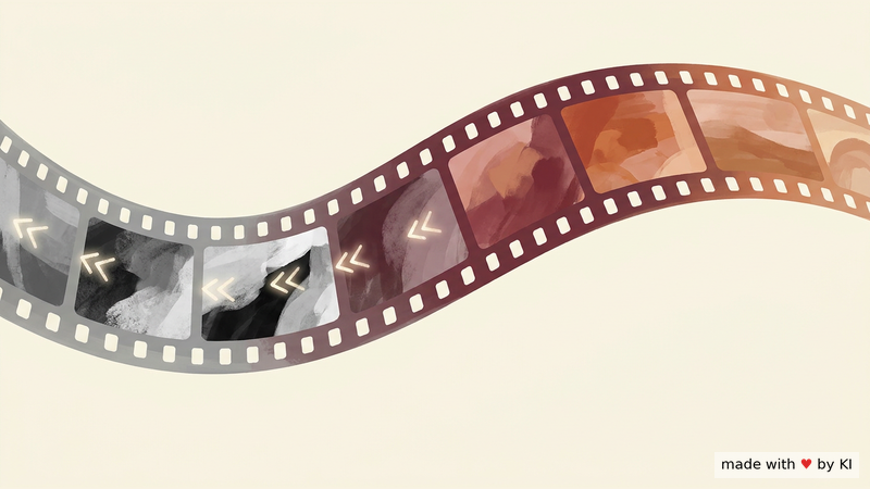 Filmstreifen in Schwarz-Weiss, dessen Bilder sich am Ende wieder in Farbe ordnen