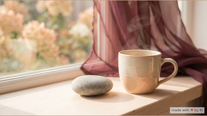 Glatter grauer Stein auf einem Fensterbrett, daneben eine dampfende Tasse Tee im Tageslicht