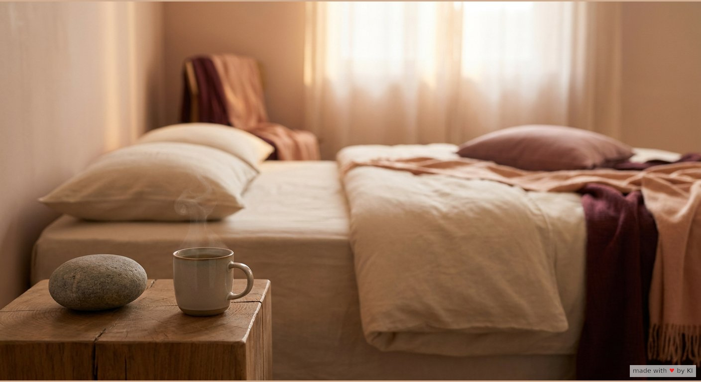 Nachttisch mit Stein und Tasse Tee neben einem Doppelbett, Symbolort für Externalisierung in der Hypnose