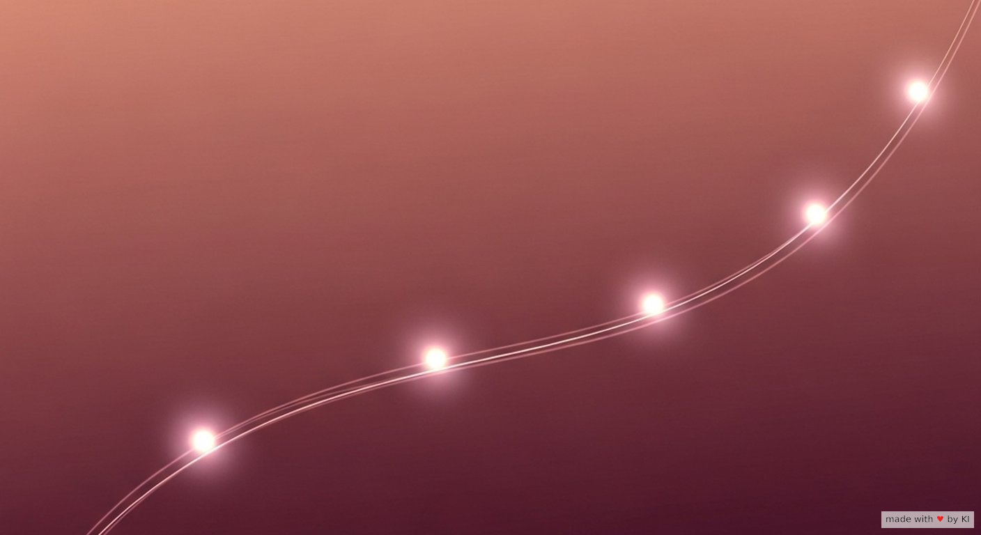 Fünf Lichtpunkte auf einer geschwungenen Linie, abstrakte Darstellung in Peach und Burgund