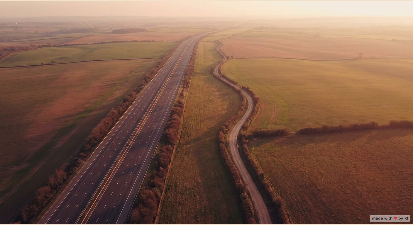 Gewohnheiten auflösen mit Hypnose: Luftbild einer breiten geraden Autobahn im Abendlicht, daneben eine schmale gewundene Landstraße durch Felder