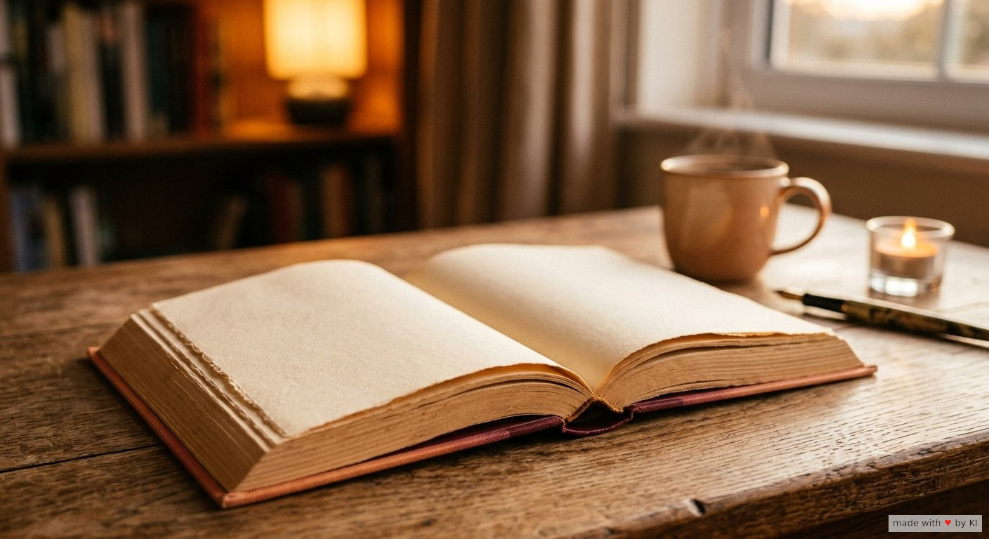 Aufgeschlagenes Buch im warmen Abendlicht auf einem ruhigen Holztisch