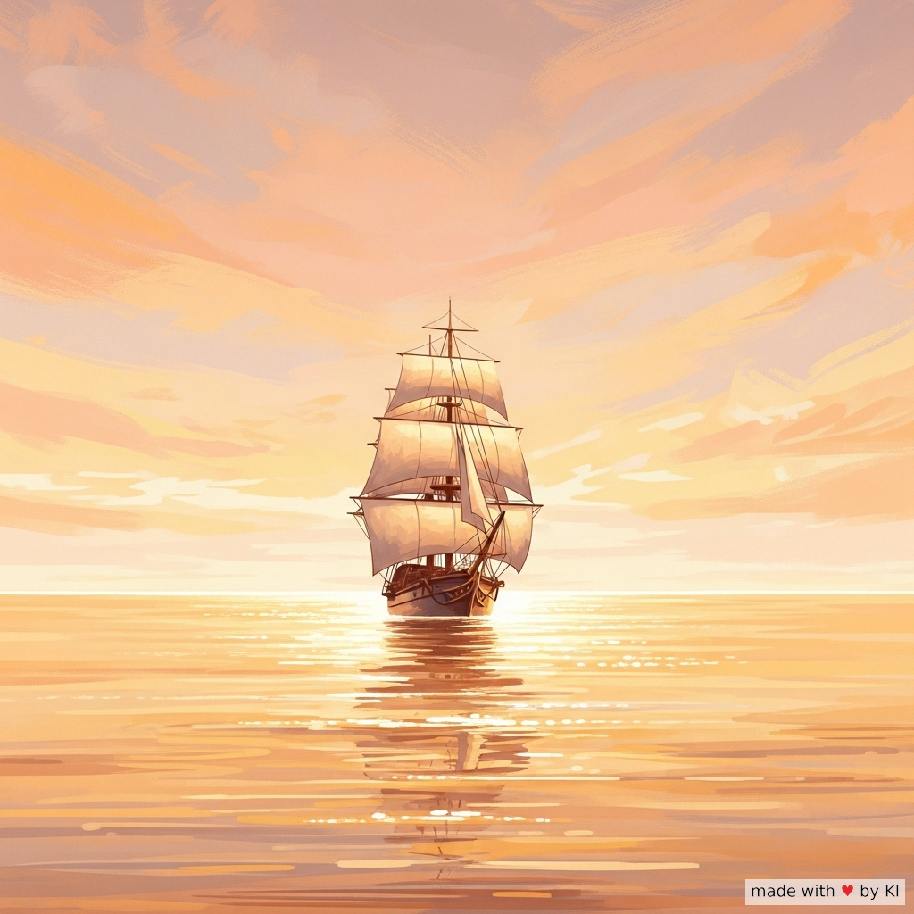 Schiff auf ruhigem Meer, symbolisch für hypnotische Veränderung durch Sprache, warm peach
