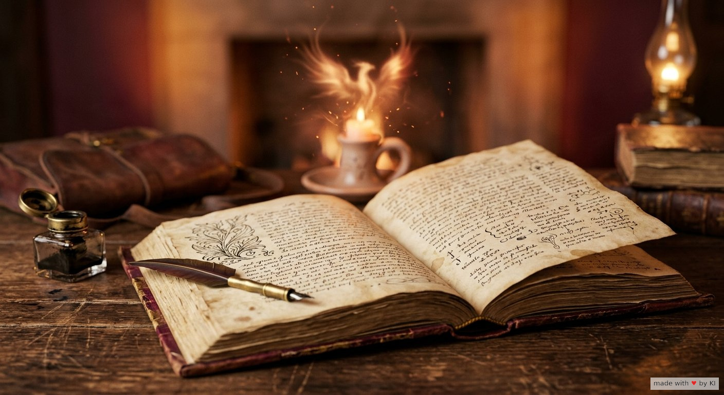 Aufgeschlagenes Phoenix-Buch in warmem Licht mit handschriftlichen Notizen
