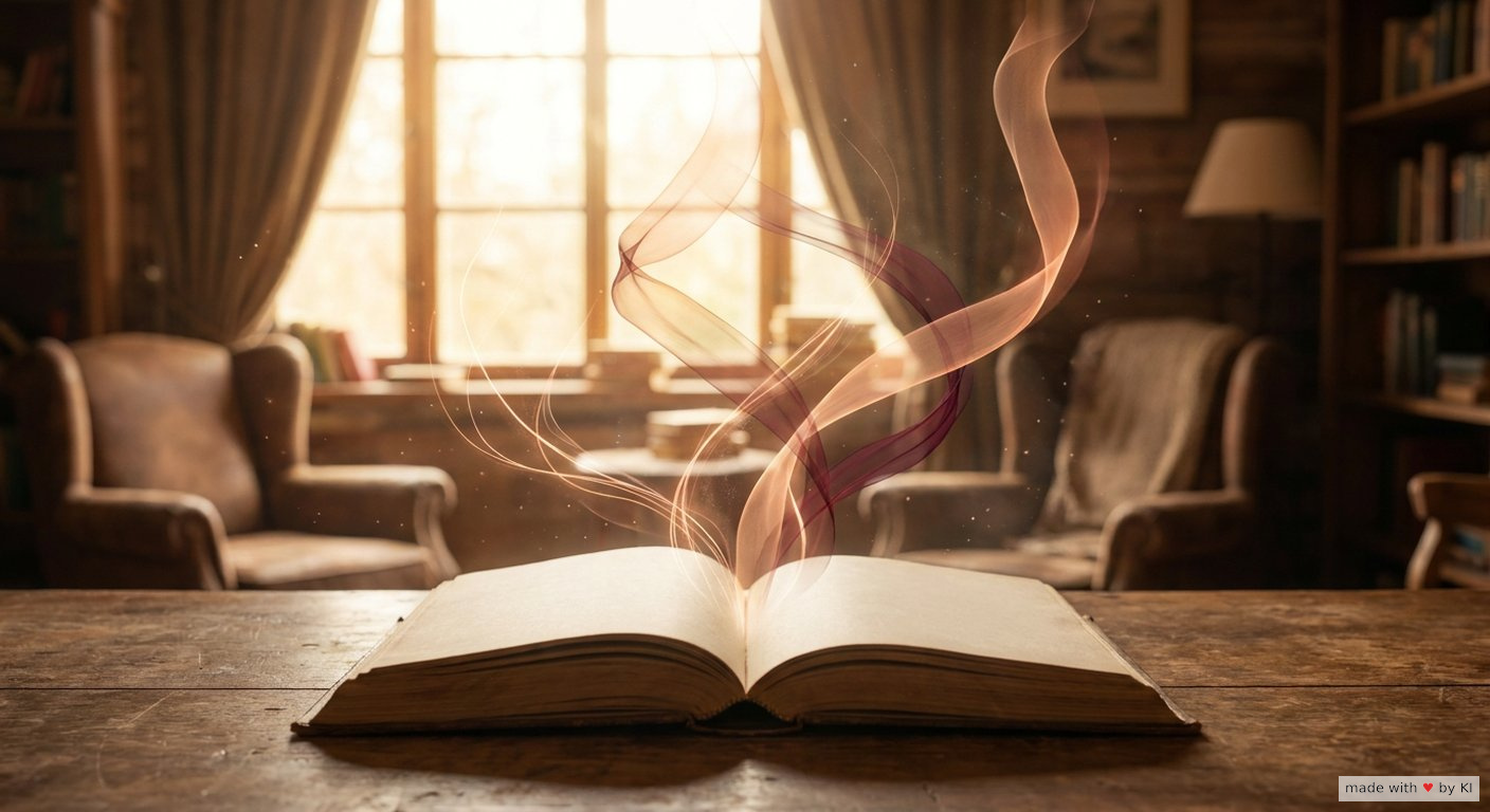 Aufgeschlagenes NLP-Hypnose-Buch mit Notizen auf einem warmen Holztisch