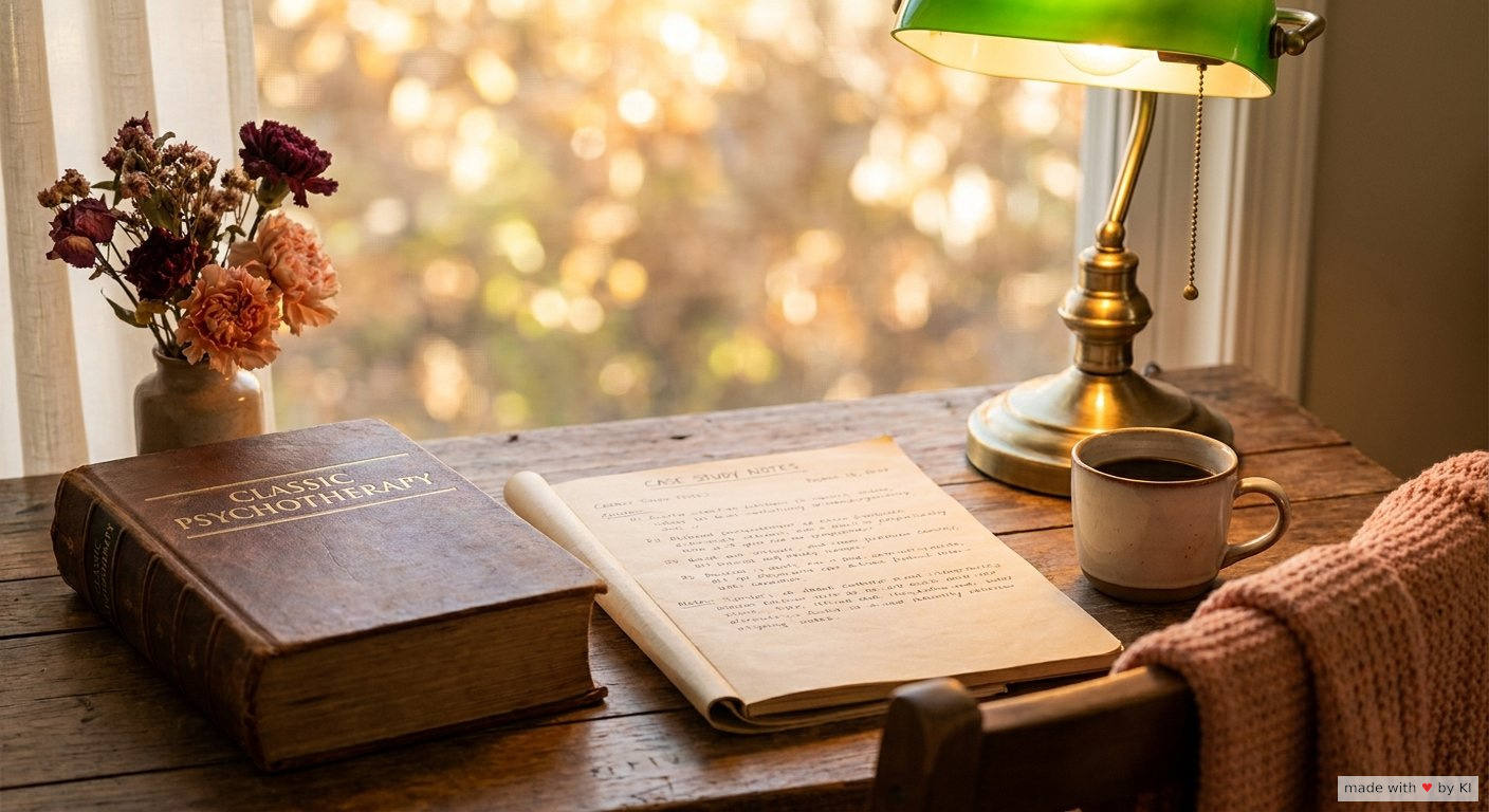 Aufgeschlagenes Buch mit Erickson-Fallbeispielen auf einem warmen Holztisch