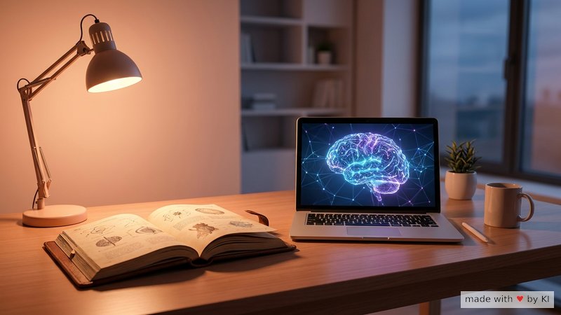 Aufgeschlagenes Forschungs-Journal auf einem Schreibtisch neben einem geöffneten Laptop mit Diagramm - Studienlage zu Hypnose im Business-Kontext