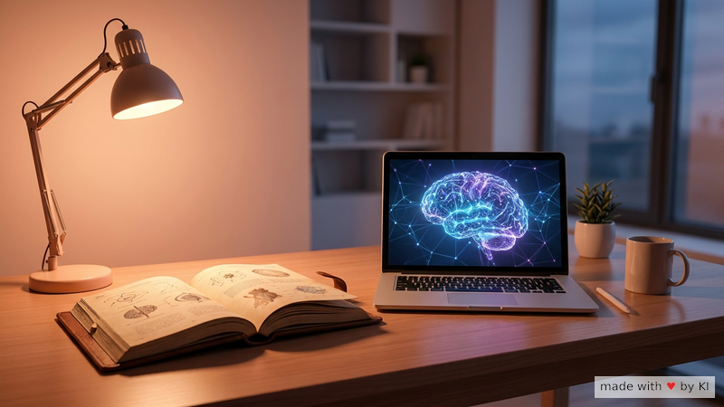 Aufgeschlagenes Forschungs-Journal auf einem Schreibtisch neben einem geöffneten Laptop mit Diagramm - Studienlage zu Hypnose im Business-Kontext