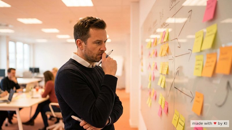 Manager beim Brainstorming an einem Whiteboard mit Notizen - hypnotische Prinzipien als Führungs-Framework