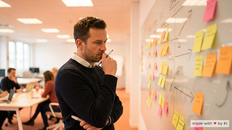 Manager beim Brainstorming an einem Whiteboard mit Notizen - hypnotische Prinzipien als Führungs-Framework