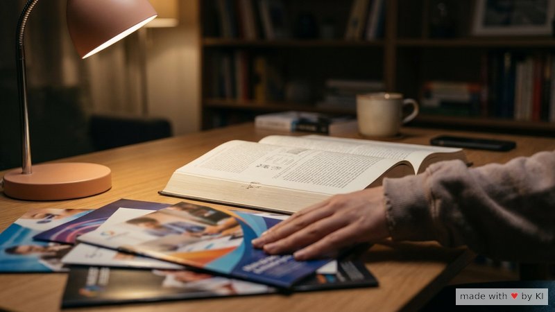 Hand schiebt mehrere bunte Broschüren beiseite, eine Sachbuch-Studie bleibt aufgeschlagen liegen - Realitäts-Check gegen Marketing-Hype