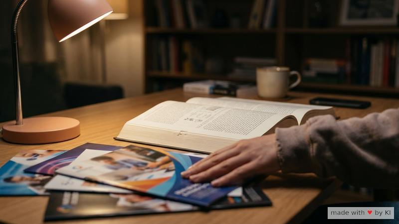 Hand schiebt mehrere bunte Broschüren beiseite, eine Sachbuch-Studie bleibt aufgeschlagen liegen - Realitäts-Check gegen Marketing-Hype