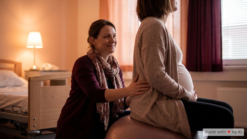 Hebamme legt einer gebärenden Frau die Hand auf den Rücken, Geburtsball, ruhige Atmosphäre - hypnotische Sprache im Kreißsaal
