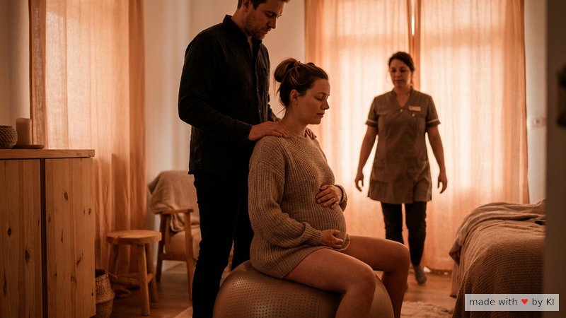 Schwangere atmet ruhig auf einem Geburtsball, Hebamme neben ihr im Pacing der Atmung - Wirkfaktoren der Sprache