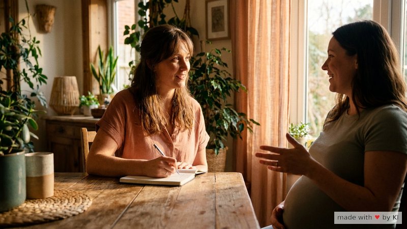 Hebamme schreibt im Vorgespräch mit einer Schwangeren auf, was als Ankerwort dienen soll - Praxis-Integration