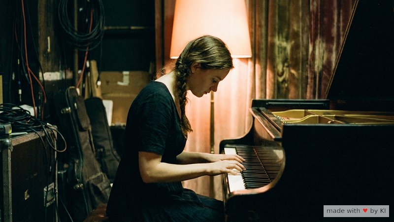 Pianistin am Flügel hinter der Bühne, ruhige Konzentration vor dem Auftritt - 4-Phasen-Modell gegen Lampenfieber