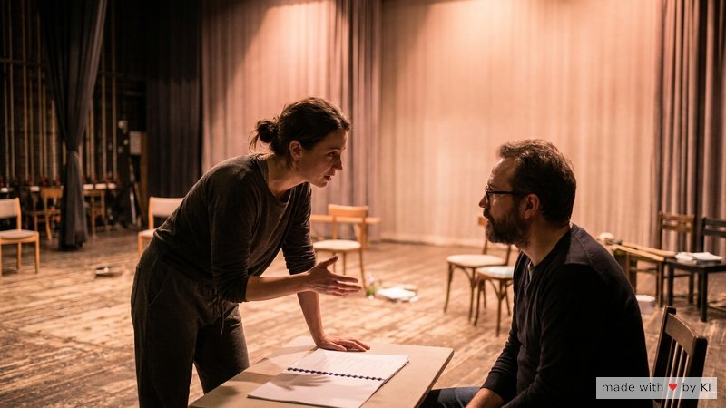 Schauspielerin auf der Probebühne mit dem Regisseur, gemeinsames Arbeiten am Auftritts-State