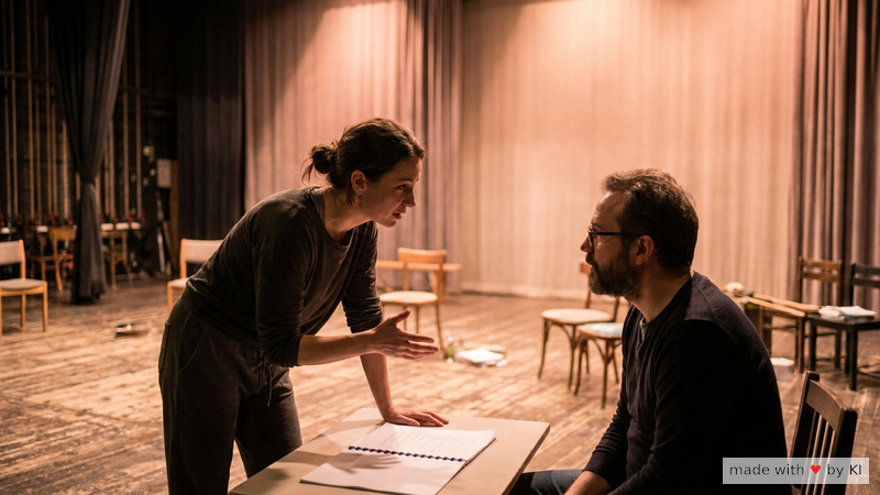 Schauspielerin auf der Probebühne mit dem Regisseur, gemeinsames Arbeiten am Auftritts-State