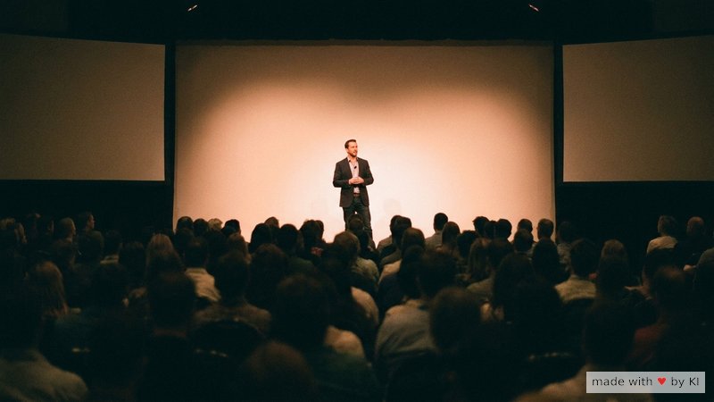 Speaker auf der Bühne im Spotlight, ruhige Haltung trotz vollem Saal - Hypnose für verschiedene Auftritts-Situationen