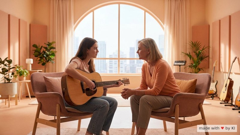 Musikerin im Gespräch mit ihrem Coach in einer hellen Praxis, gemeinsame Vorbereitung auf den Auftritt