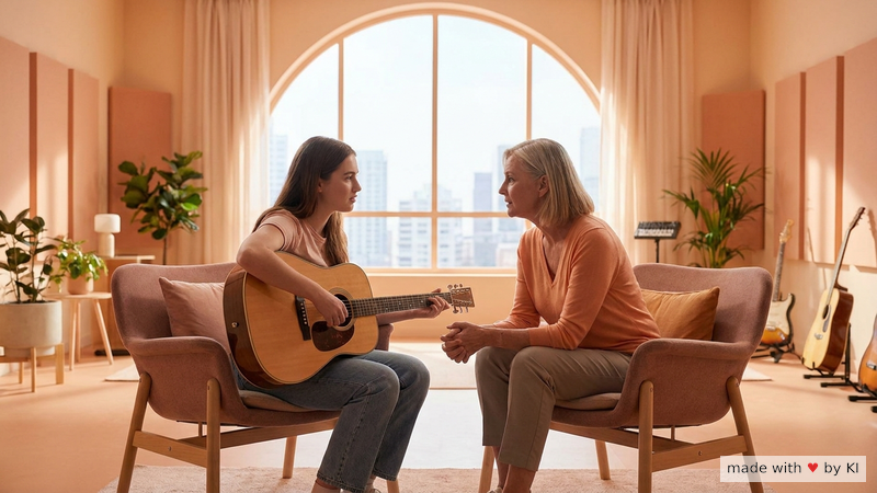 Musikerin im Gespräch mit ihrem Coach in einer hellen Praxis, gemeinsame Vorbereitung auf den Auftritt