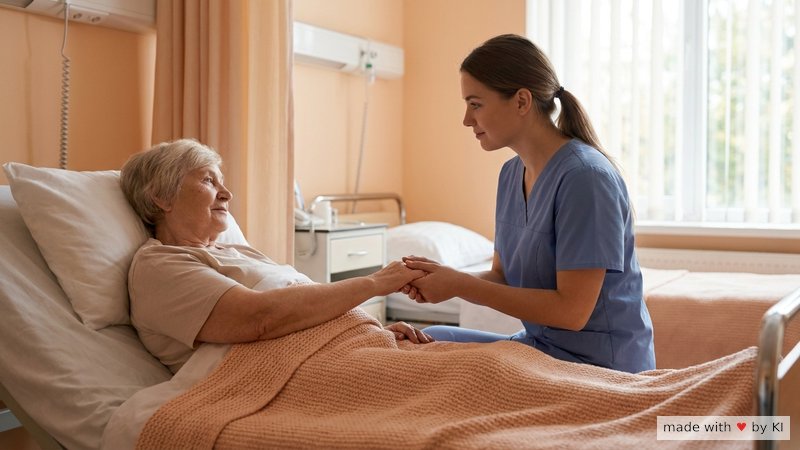 Pflegekraft in blauem Kasack legt einer älteren Patientin die Hand auf den Arm, Stationsalltag, weiches Tageslicht - hypnotische Patientenkommunikation