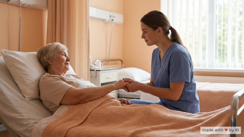 Pflegekraft in blauem Kasack legt einer älteren Patientin die Hand auf den Arm, Stationsalltag, weiches Tageslicht - hypnotische Patientenkommunikation