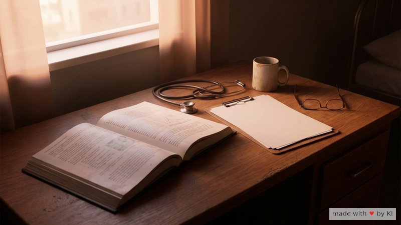 Geöffnete Forschungspublikation auf einem Stationspult, daneben Stethoskop und Pflegedokumentation - die Evidenz hinter hypnotischer Sprache in der Pflege