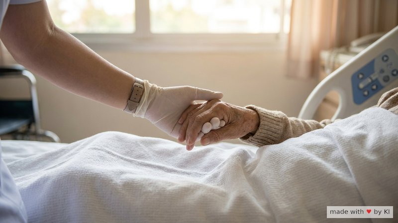 Hand einer Pflegekraft hält die Hand einer Patientin auf der weißen Decke, weiches Licht - Wirkfaktoren hypnotischer Sprache in der Pflege