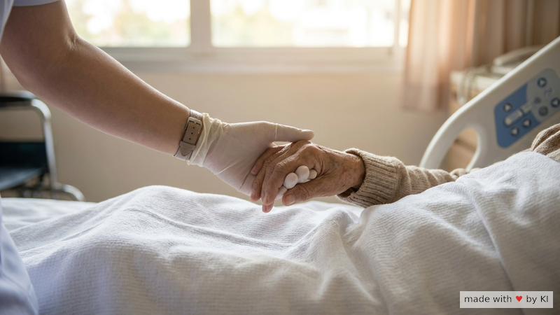 Hand einer Pflegekraft hält die Hand einer Patientin auf der weißen Decke, weiches Licht - Wirkfaktoren hypnotischer Sprache in der Pflege