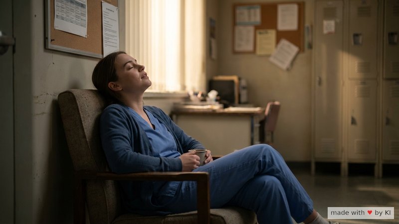 Pflegekraft sitzt in einer ruhigen Ecke im Aufenthaltsraum mit geschlossenen Augen, Atemzug, kurzer Reset zwischen den Patienten - Selbsthypnose in der Pflege